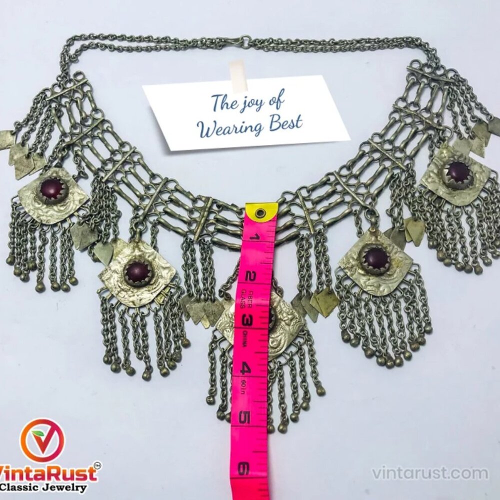 Vintage Dangling Five Pendant Handmade Necklace, Antique Silver Kuchi necklace - Picture 6 of 11
